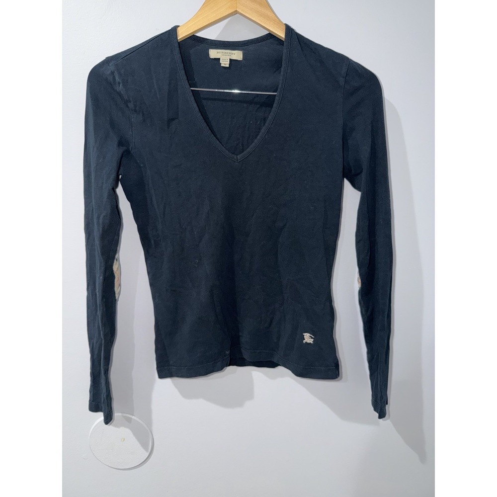 Vtg Burberry V-neck Womans Light Cotton Long Sleeve Tee Sz M Elbow Patches V